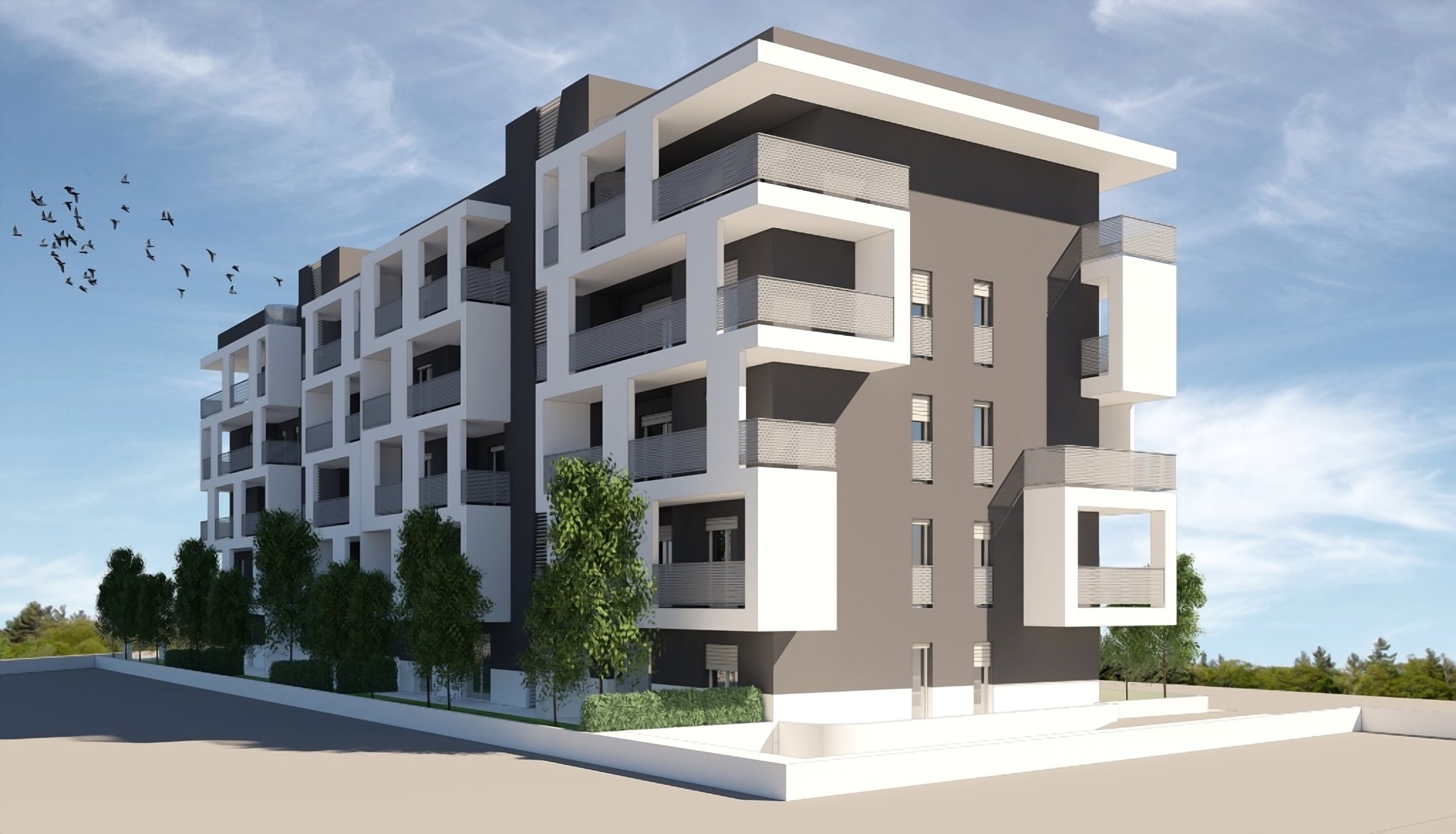 Rendering diurno dell'angolo con i terrazzi coperti a sbalzo