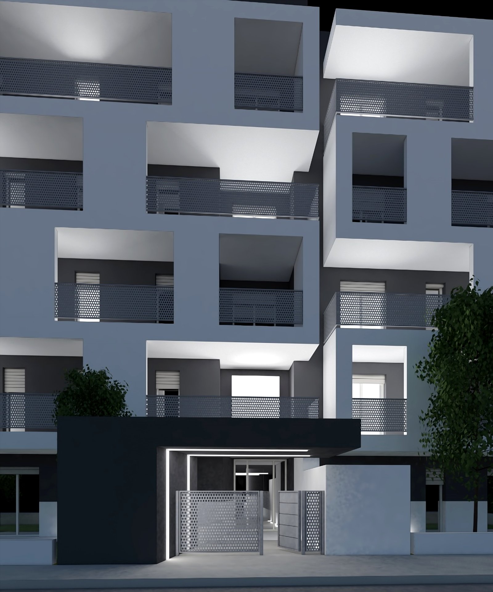 Rendering notturno dell'ingresso pedonale