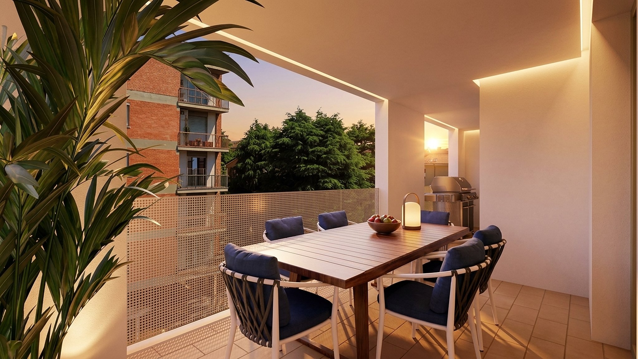 Rendering di un terrazzo coperto arredato al tramonto