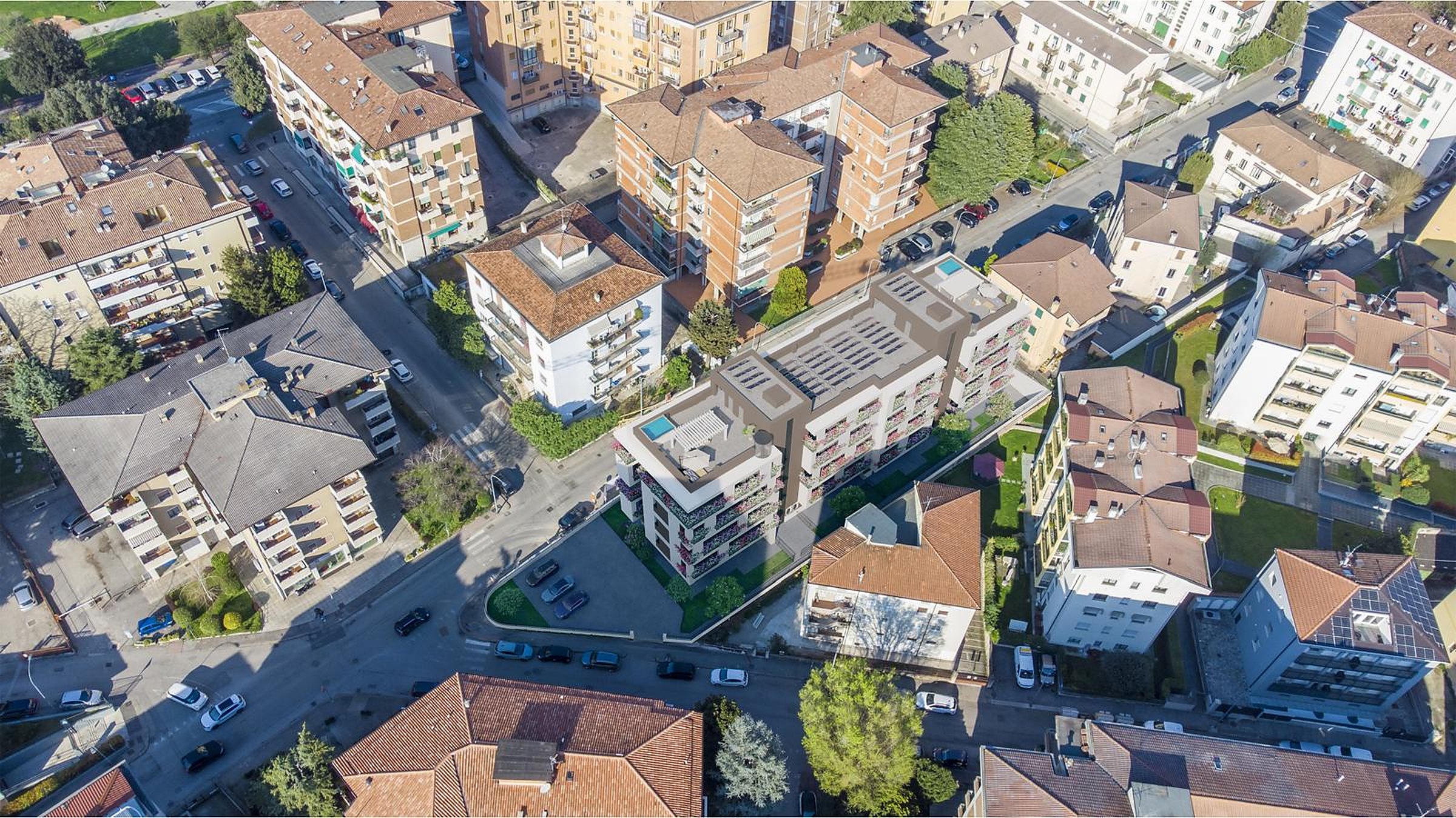 Vista aerea della residenza con le terrazze in copertura
