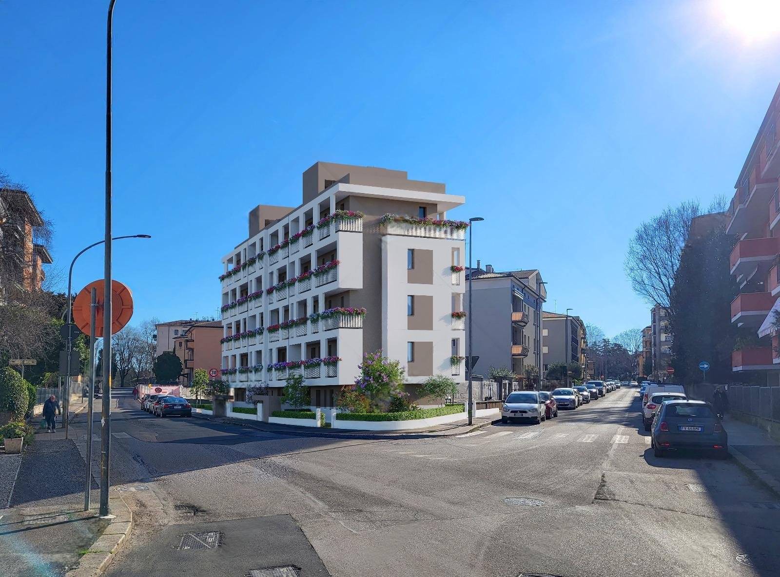 Fotoinserimento diurno della Residenza Doria 13 all'incrocio tra Via Doria e Via Caboto